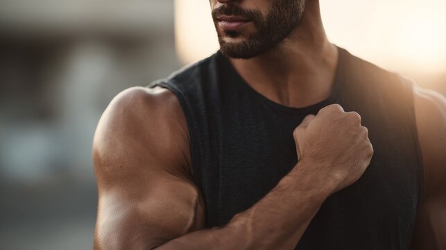 close up of man shows off the muscles on his pumped-up arm in sunset light, street workout concept