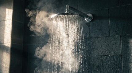 Modern chrome rainfall showerhead releasing hot steaming water against dark slate tile walls, symbolizing relaxation and spa treatment concept.