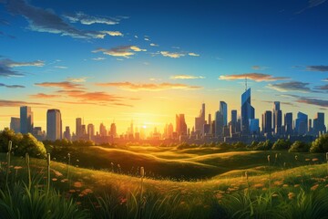 Obraz premium Golden hour light illuminating a modern city skyline with a serene green meadow in the foreground