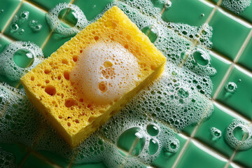 Yellow Cleaning Sponge with Soap Suds on Green Tiled Background