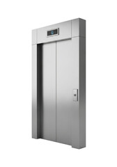 Closed, sleek, brushed stainless steel elevator door with a softly glowing blue 'g' led panel, professionally photographed against a clean transparent studio background. Concept of architectural