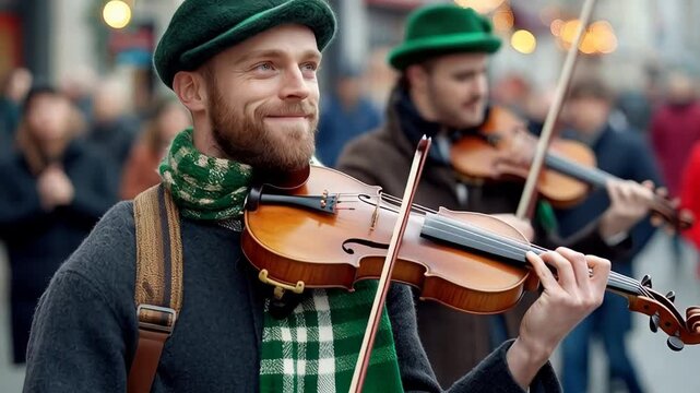 Happy violinist in traditional irish attire playing music outdoors during festive parade