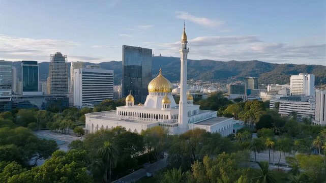 A serene cityscape presenting an aerial view mosque in a vibrant urban setting, highlighting the harmonious blend of modern buildings and traditional Islamic architecture, showcasing cultural