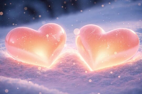 Two glowing heart shapes in soft snow create a romantic Valentines Day scene symbolizing love, tenderness, intimacy, passion, emotional closeness and warm feelings, perfect for greetings, romantic mes