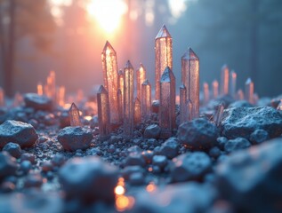 Glowing crystals standing among rocks with warm light