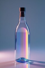 Glass bottle reflecting colorful light spectrum on blue