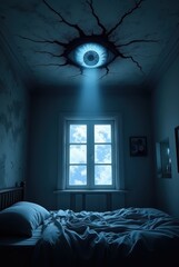 Watching eye glowing from ceiling in dark bedroom