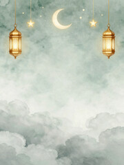 Soft Islamic Ramadan Background with Crescent and Lantern