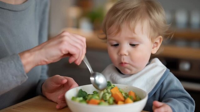 A sweet baby wearing a bib is being introduced to a rainbow of pureed vegetables in a modern kitchen, capturing the essence of healthy eating habits and the joyful transition to solid foods.
