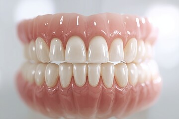 Close-up studio shot of a complete upper and lower denture set