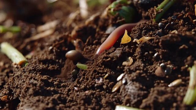 A time-lapse sequence shows microbial life forms in action within a compost pile, illustrating how they break down organic matter, thus enhancing nutrient recycling and promoting sustainable waste