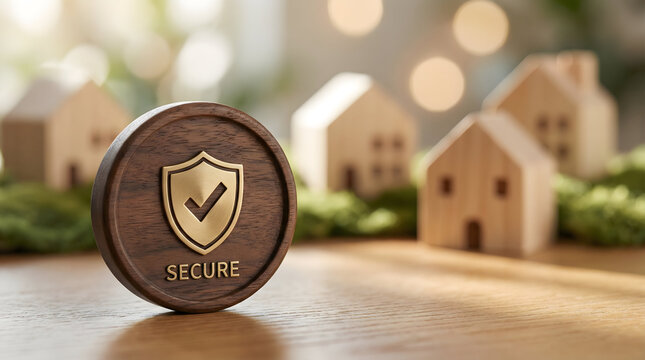Secure Property Concept with Wooden Token and Model Houses