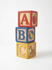 Blocks with letters and pictures stacked on top of each other on a plain background during daytime hours