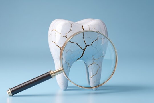 A cracked white tooth being examined with a magnifying glass