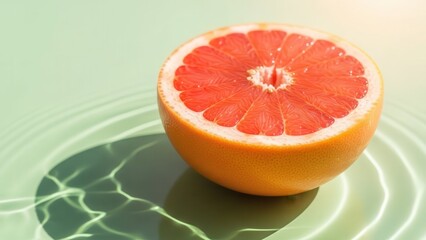 Half a fresh grapefruit with water ripples and long shadows on a light green background