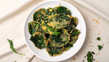 Healthy Crispy Deep Fried Spinach Crackers Keripik Bayam Served on a White Round Plate with Crumb Details and Linen Fabric Background