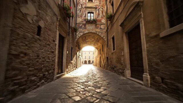Cinematic Slow Motion Perspective of Narrow Historic Tunnel Street in Vicenza Northeast Italy Featuring Ancient Stone Architecture and Timeless Urban European Heritage Walkway