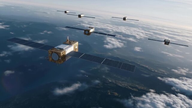 An active fleet of internet satellites in orbit is shown in a dynamic formation, emphasizing their essential contribution to expanding internet services and ensuring connectivity for businesses and