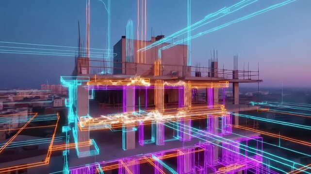 Bim building information modeling with wireframe blueprint overlay on construction site. Digital architecture technology for engineering design, infrastructure planning, and smart development