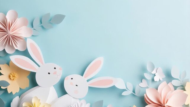 Whimsical spring scene with paper art bunnies and flowers on light blue background