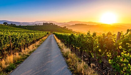 Obraz premium Sunset over vineyard road landscape scene.