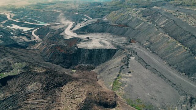 Industrial technology, Drone monitoring work of truck coal mining in open pit mine.