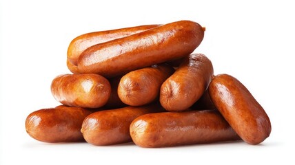 Neatly stacked sausages on white background. AI generated