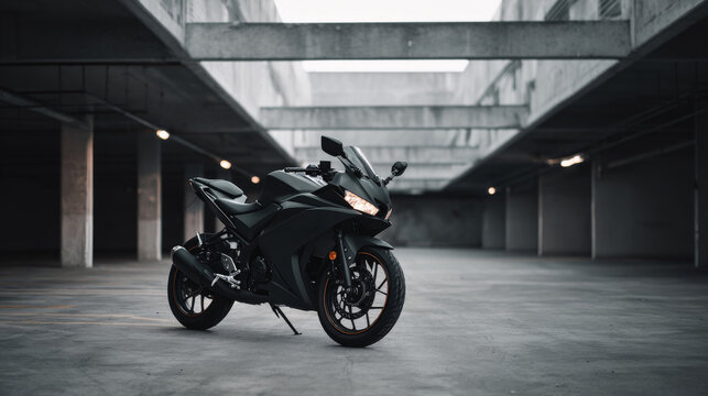 sport motorcycle in empty underground parking lot
