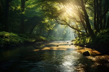 Fototapeta premium River reflecting morning light, surrounded by lush green foliage creating peaceful nature