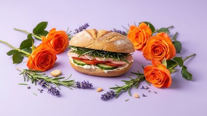 Ham and vegetable sandwich on crusty bun decorated with orange roses and lavender