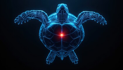 Fototapeta premium Glowing Neon Sea Turtle with Red Heart, a Digital Illustration with a Modern and Symbolic Design on Dark Background