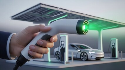 Hand holding an electric car charging plug at a futuristic solar-powered charging station