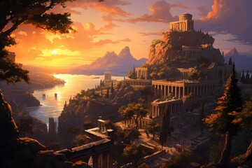 Naklejka premium Ancient city on a mountain cliff features classical architecture and temples at sunset