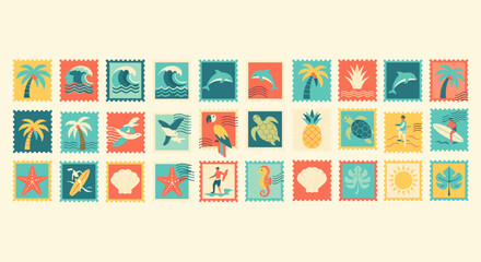 Tropical Summer Icon Set with Beach, Ocean, Palm and Travel Symbols