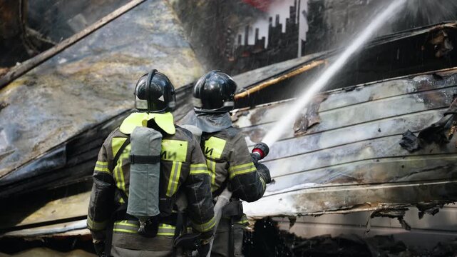 Fire incident in building. Action photo fireman team extinguishes burn with hose water.