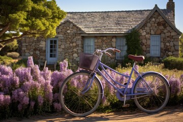 Fototapeta premium Purple bicycle parked on a sunny day in front of a rustic stone house with lavender flowers