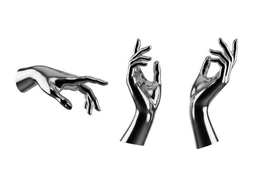 three hyper-reflective, mirror-finish chrome female mannequin hands in elegant poses, captured in a high-key studio product shot against a transparent background. concept of modern luxury and