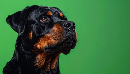 Rottweiler dog portrait on green background.