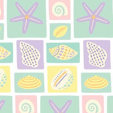 Retro hand drawn seashell mosaic seamless pattern. Tropical summer background illustration. Vintage marine nature print. Patchwork style shell animal wallpaper texture.
