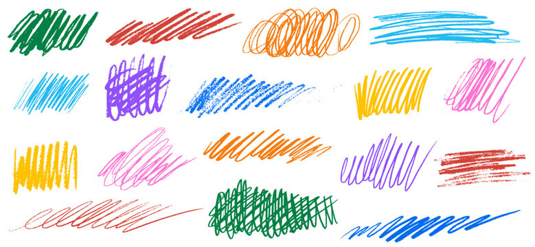 Crayon colorful pencil scribbles, messy doodles and curved lines. Hand drawn pencil curly brush strokes, squiggles, tangle thin rough lines. Vector charcoal freehand stripes, ink shapes sketch texture