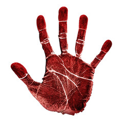 A human handprint in a deep red color, resembling blood on transparent background