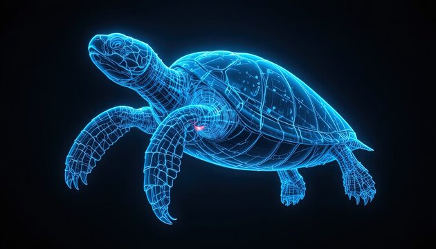 Neon Blue Sea Turtle on Black Background &acirc;&euro;&ldquo; Underwater Marine Life Illustration