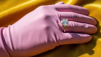 Hand in a pink glove adorned with a sparkling diamond ring
