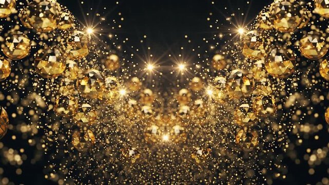 Golden Geometric Jewelry Particles Background　黄金の多面体と光の粒子が舞う豪華背景　シームレスループ動画