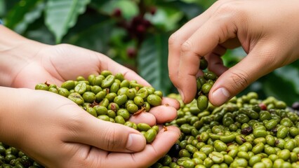 Hands holding pile of fresh green coffee beans ready for processing