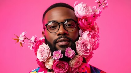 Handsome bearded man with eyeglasses adorned with an abundance of pink roses and cherry blossoms