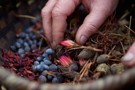 Hands sort through a basket of various herbs and seeds in a traditional setting during daylight