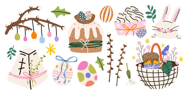 Easter holiday festive elements in cartoon retro style. Decorated eggs, bunny, Easter cakes, willow, basket. Spring Christian holiday vector illustration isolated