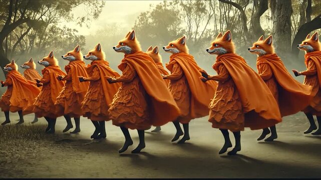 Many foxes in orange garments are walking