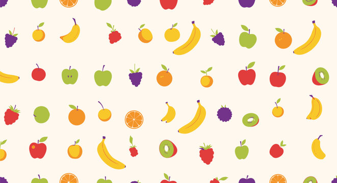 Colorful fruit pattern with bananas apples oranges and berries on cream background